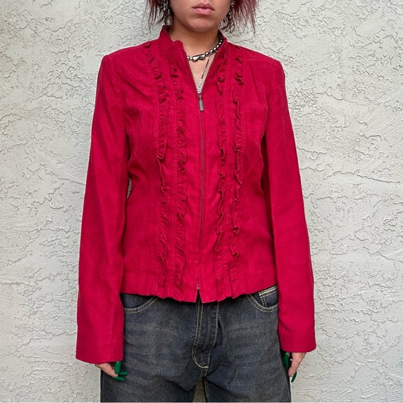 Y2k Red Velvet Zip Up Ruffle Long Sleeve Top or Jacket - Picture 3 of 10